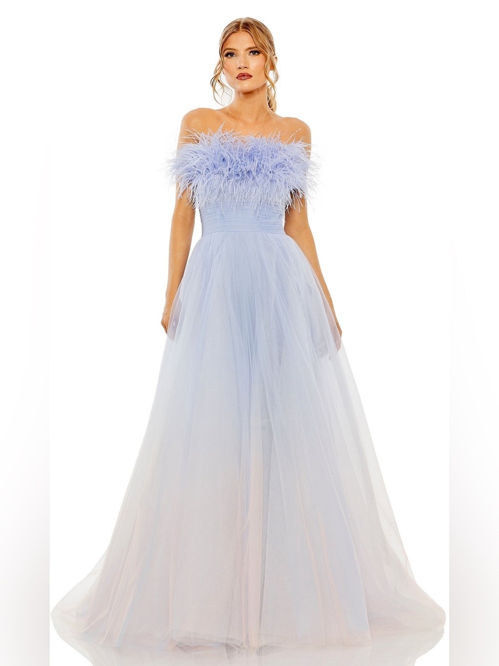 MAC DUGGAL Feather Trim Tulle Gown in Light Blue OMBRÉ